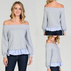 After Market Gray Off Shoulder Ruffle Hem Pullover Sweatshirt NEW!